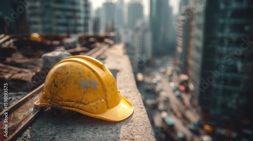 Yellow safety helmet on urban construction site