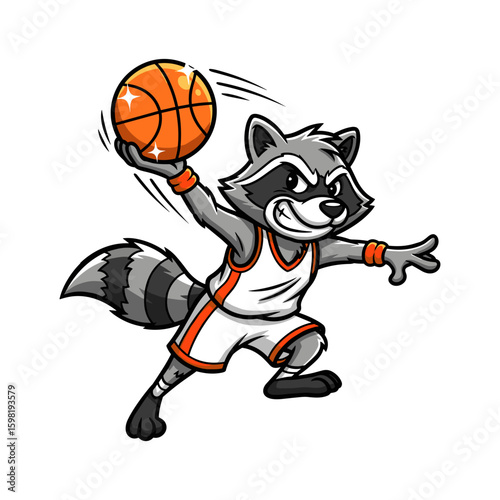 Dynamic cartoon raccoon basketball player mascot, agile and clever animal character.