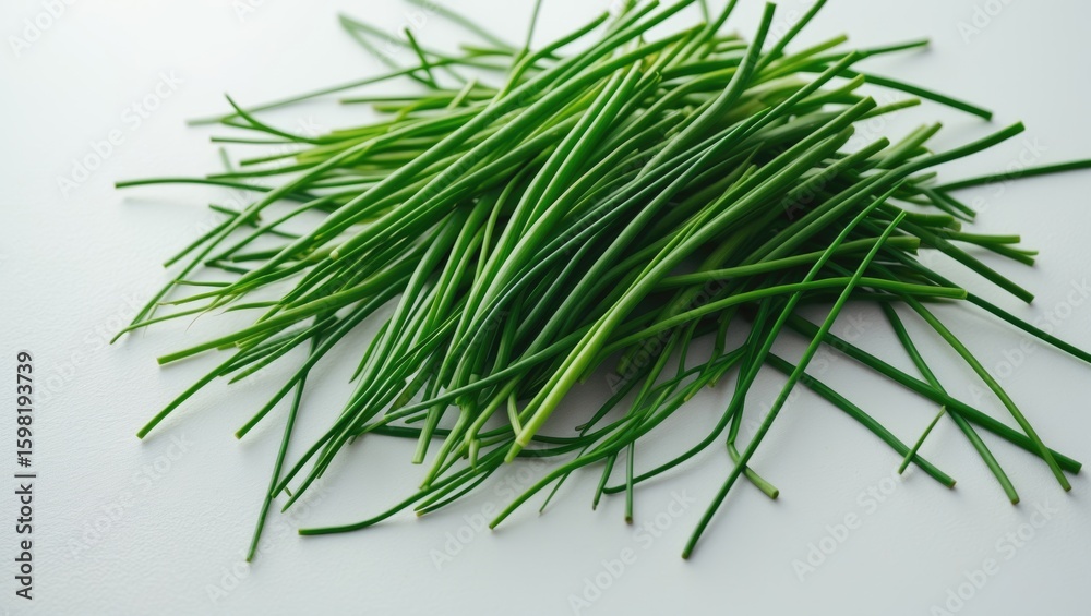 Fototapeta premium Fresh green garlic chives on a white surface.