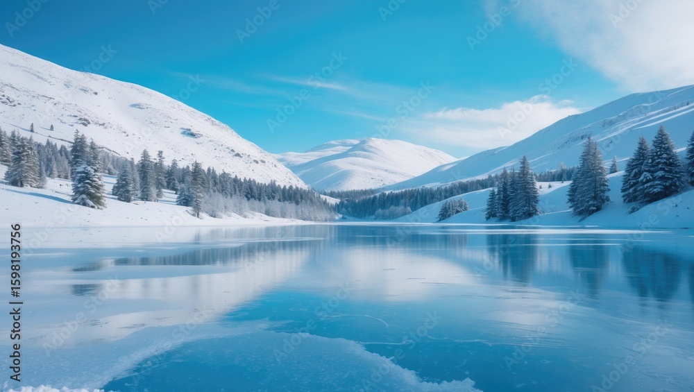 Obraz premium Snow-covered mountains and trees reflected on a frozen lake in winter.