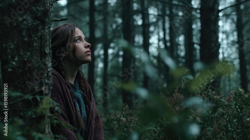 Young person in forest scene