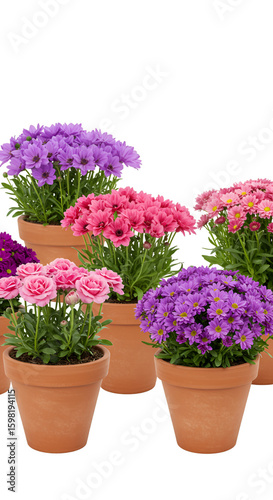 Isolated Potted Flowers in Vibrant Colors on Transparent Background