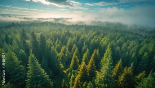 Dense forest landscape with lush green trees and mist in the background.