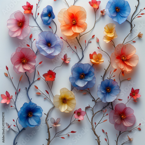Translucent Flower Art: A Colorful Botanical Pattern with Sheer Fabric Flowers