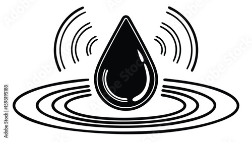 A black droplet with ripples and sound waves emanating from it in a simple graphic design