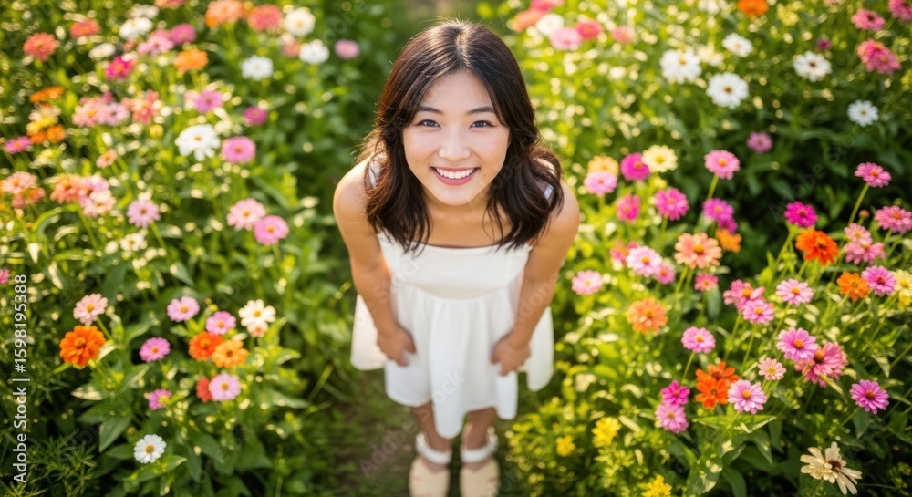 Fototapeta premium A young woman standing in a vibrant flower garden, wearing a white dress, with a joyful expression on her face.