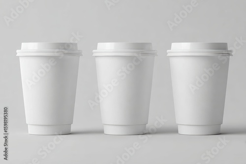 Wallpaper Mural Front view of three white 8 oz paper coffee cups with plastic lids, evenly spaced, standing upright on a smooth light gray background, clean minimalist studio mockup, no branding or label Torontodigital.ca