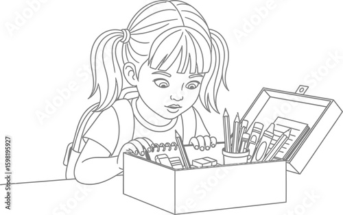 Vector art of a young girl looking into a box of school supplies with a curious and focused expression
