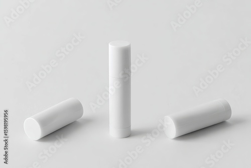 Three minimalist white lip balm tubes mockup, one standing upright in the center, two lying horizontally on both sides, blank and unbranded, smooth light gray background, soft studio lighting