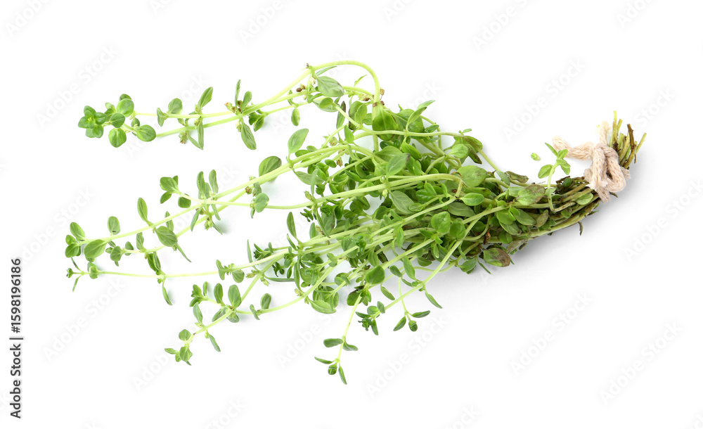 Obraz premium Twigs of fresh green thyme isolated on white, top view