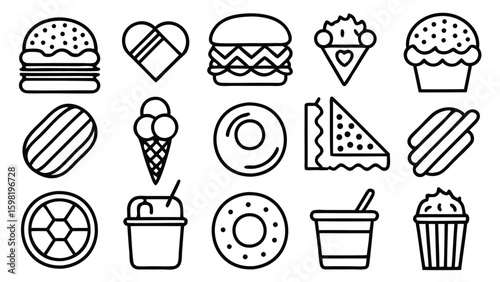 Outlined food icons including burgers, ice cream, donuts, and other sweet and savory items displayed