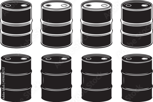 Set of Eight Black and White Industrial Barrels
