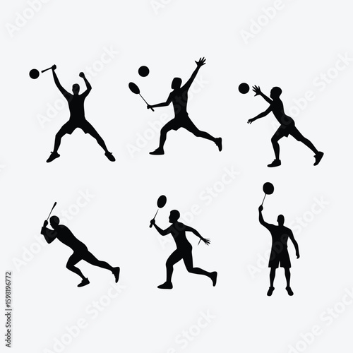 Vector art of six badminton players in action silhouettes