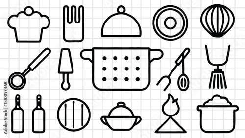 Outline drawing of various kitchen utensils and cooking tools arranged on a grid background