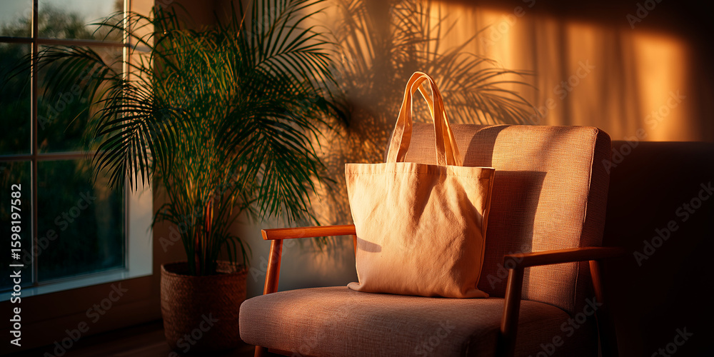 Fototapeta premium Elegant canvas tote bag on a cozy armchair in warm golden light