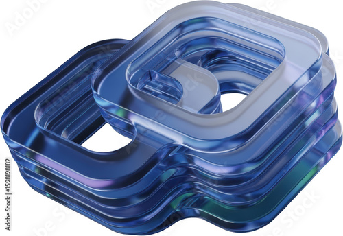 Stacked transparent blue glass or acrylic shapes with curved edges abstract design element isolate