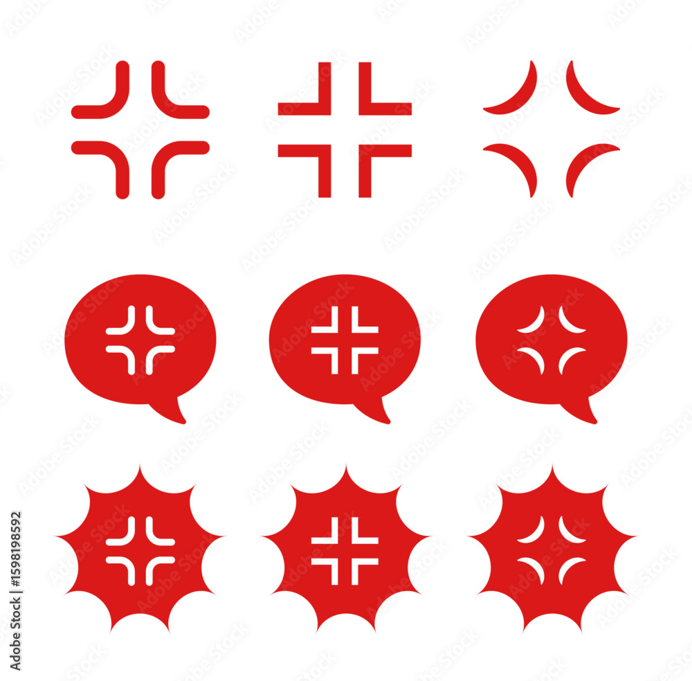 Obraz premium 怒りマークと吹き出し付きの感情アイコンセット（イライラ ストレス 怒る 表現素材 ベクター）