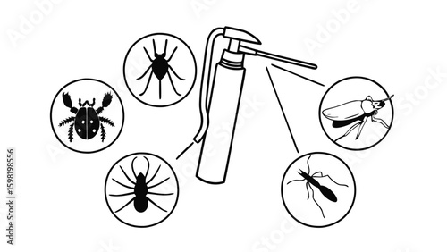 Illustration of a pesticide sprayer surrounded by various types of insect pests in circular frames