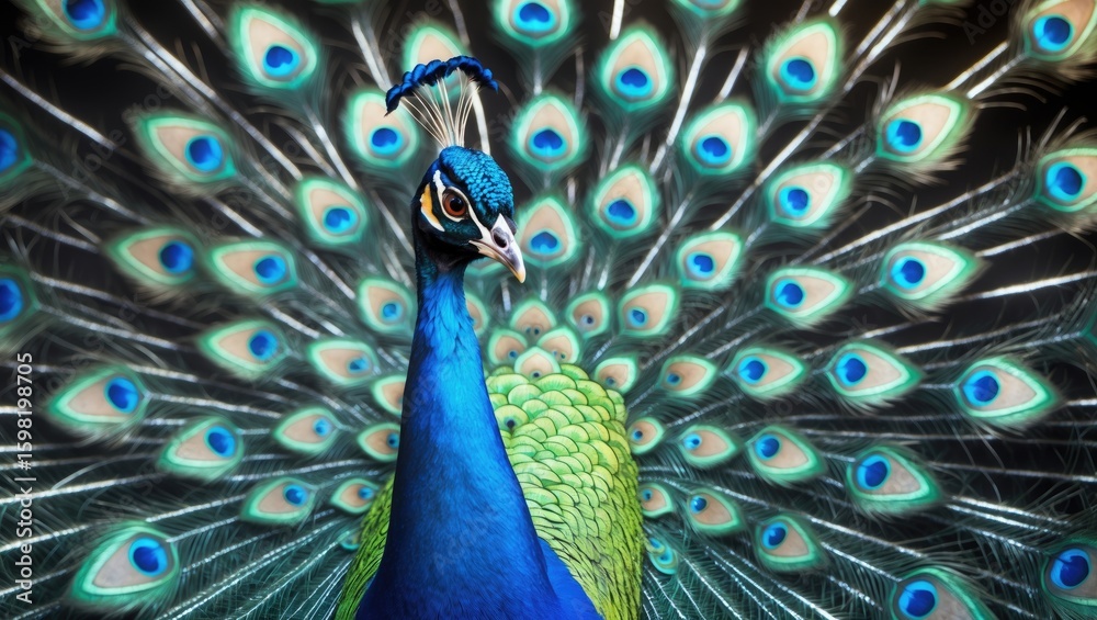 Obraz premium Vivid peacock displaying its vibrant blue and green feathers with eye patterns.
