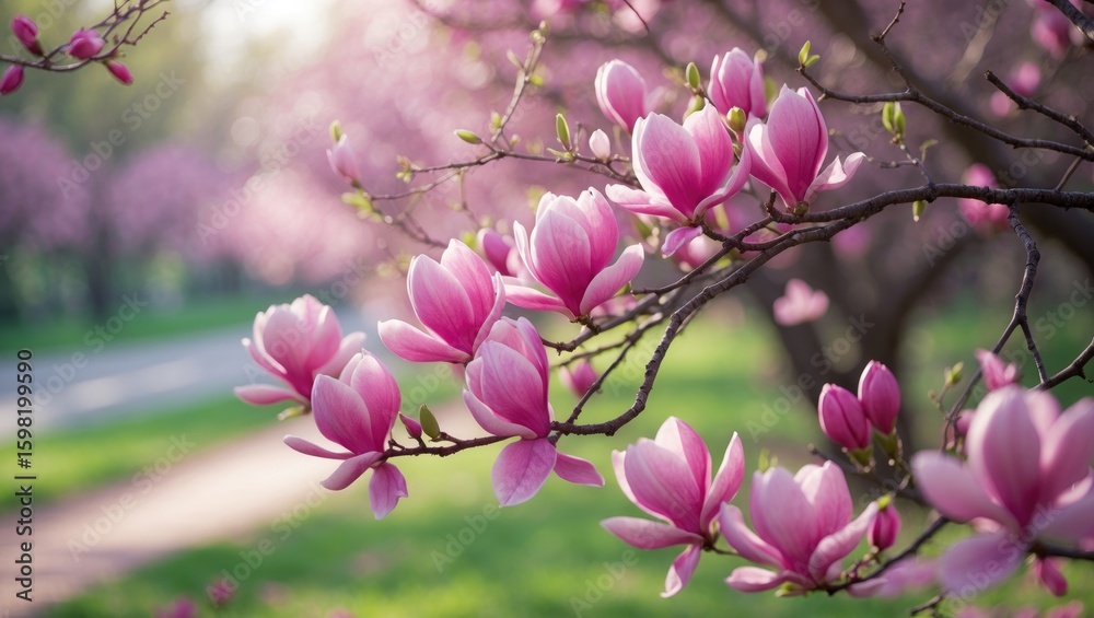 Fototapeta premium Pink magnolia blossoms on a tree branch in spring with a blurred background of greenery and a pathway.