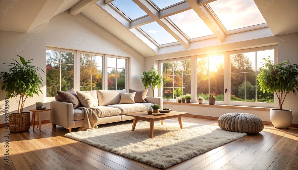 Fototapeta premium Living Room with Skylights and Natural Light Home Interior