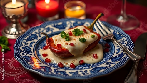 Traditional kueh lapis dessert with red and white frosting patterns on marble plate.