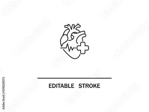 Stylized heart with a medical cross, line drawing for healthcare and medicine themes