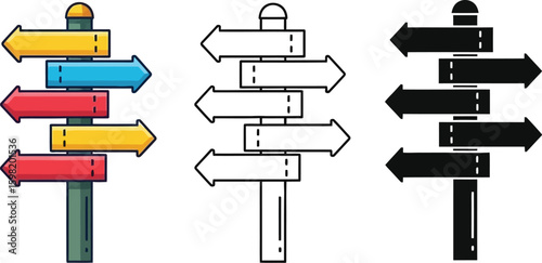 Direction sign vector illustration with multiple arrows pointing different directions and destinations