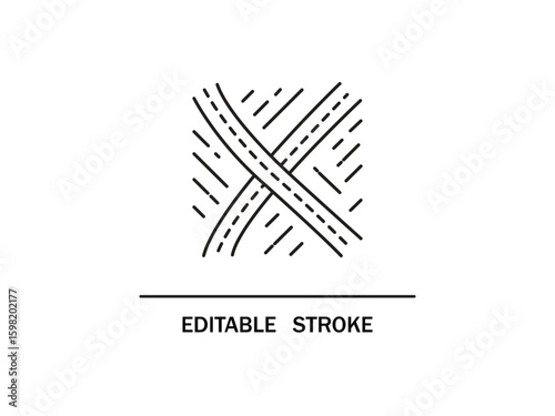 Roads with dashed lines crossing each other in abstract black and white design concept. Road junction with editable stroke is a simple design showing transportation infrastructure.