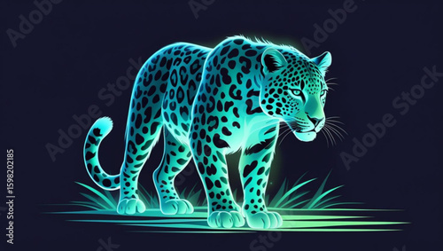 Stylized vector illustration of a magical jaguar spirit walking through a glowing jungle at night, representing stealth, fantasy, and the wild