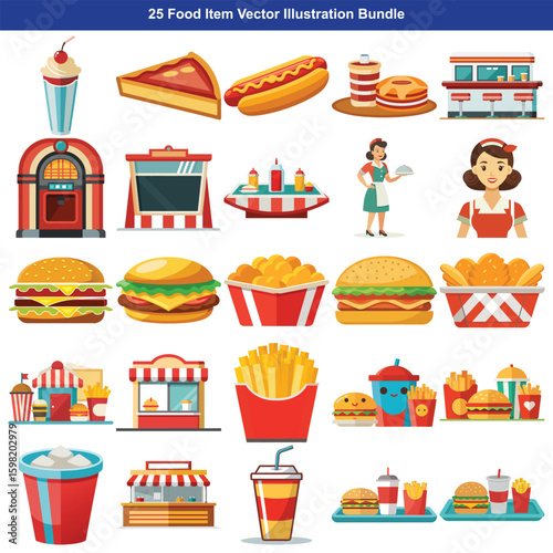 Collection of american diner and fast food restaurant icons