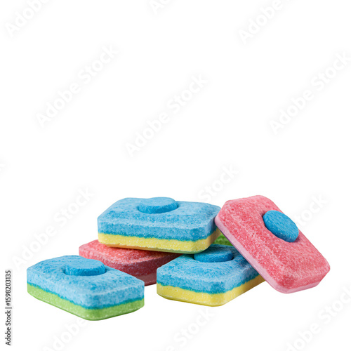 Isolated PNG: Colorful Dishwasher Detergent Tablets on Transparent Background