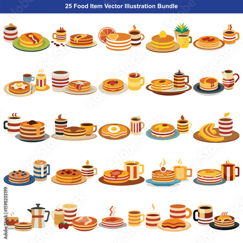 A collection of delicious breakfast pancake and coffee illustrations