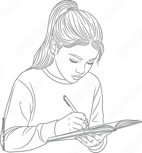 Vector art of a young girl is writing in a notebook concentrating intently on her schoolwork or creative writing