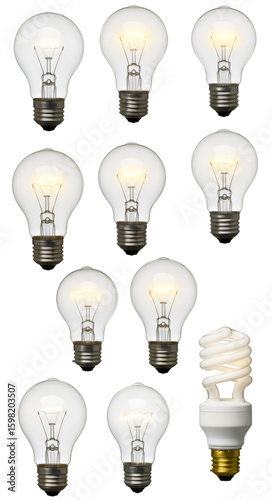 Nine Identical Lit Light Bulbs and One Different Spiral CFL Isolated on Black Background