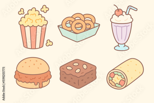 Obraz na płótnie Cute cartoon food icons of American snacks: popcorn, onion rings, milkshake, sloppy joe, brownie, and breakfast burrito