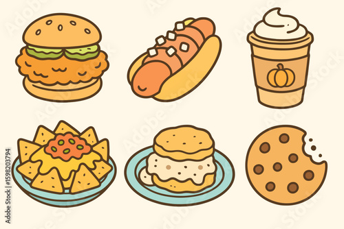 Cartoon icons of American festival food: fried chicken sandwich, nachos, cookie, hot dog, latte, and biscuit with gravy. Pastel tones and playful look.