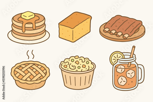 Cute hand-drawn cartoon icons of classic American food: pancakes, apple pie, ribs, cornbread, macaroni salad, and iced tea. Soft colors and friendly lines.