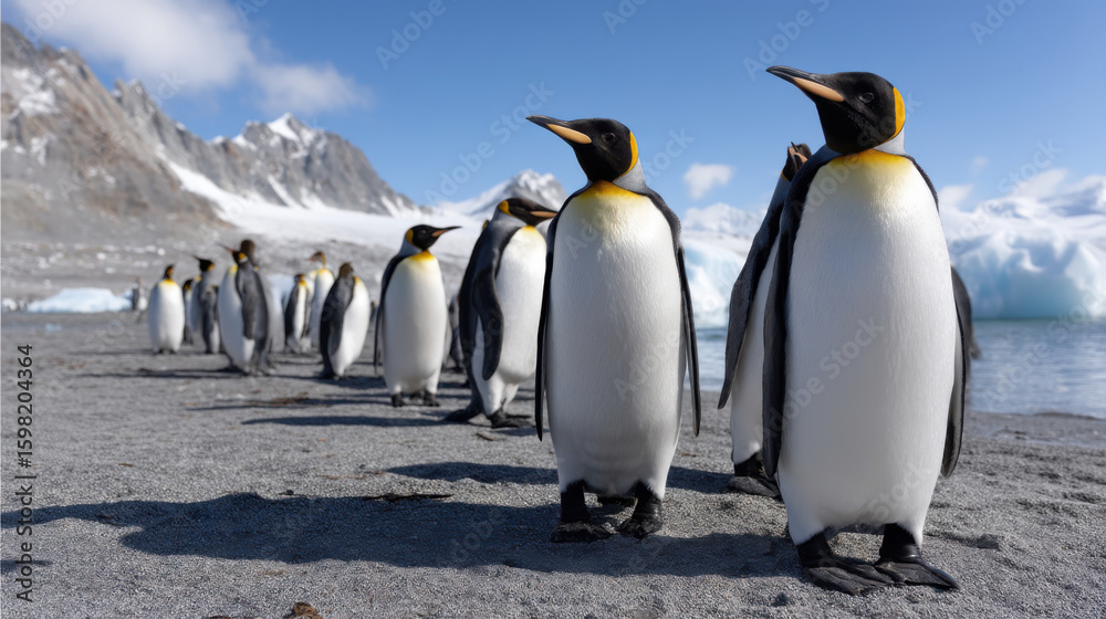 Fototapeta premium A panoramic view of king penguins scattered across a wide sandy beach, with icebergs floating in the background. 