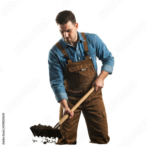 Photo of Farmer Digging Soil With Shovel on Black Background
