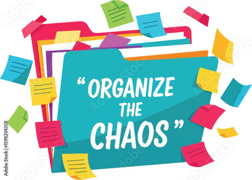 Vector art of a colorful folder with sticky notes around it says organize the chaos on a white background