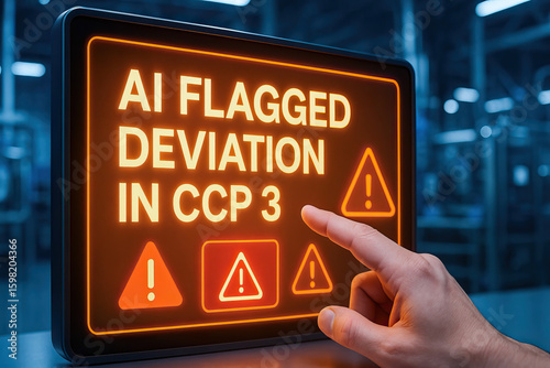 AI flagged deviation in CCP 3 warning sign on digital screen with hand pointing, alerting to potential issue in industrial or technological environment
