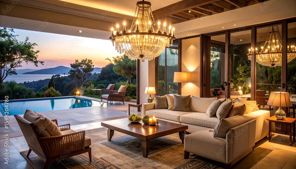 Fototapeta premium Luxury Living Room Overlooking Sunset Ocean View with Swimming Pool