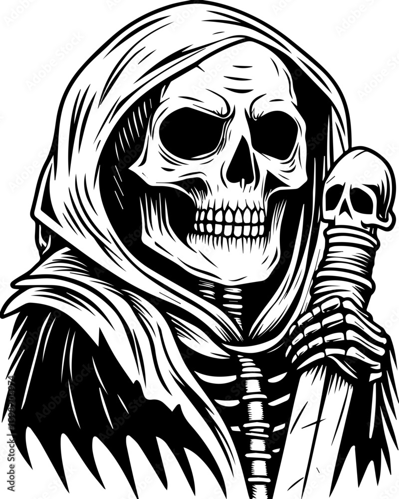 Fototapeta premium SVG Skeleton Warrior Characters in tattoo style. Grim Reaper Illustration with Skull Staff and Dark Hooded Cloak