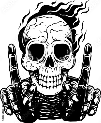 SVG Skeleton Warrior Characters in tattoo style. Detailed Artistic Illustration of Skull with Flames and Gesture