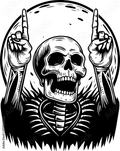 SVG Skeleton Warrior Characters in tattoo style. Skeleton with Raised Hands Celebrating Under Full Moon Design