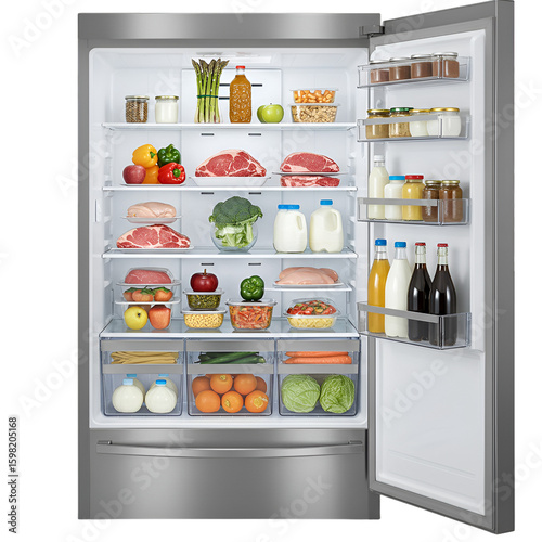 Open Refrigerator Filled with Fresh Food Isolated