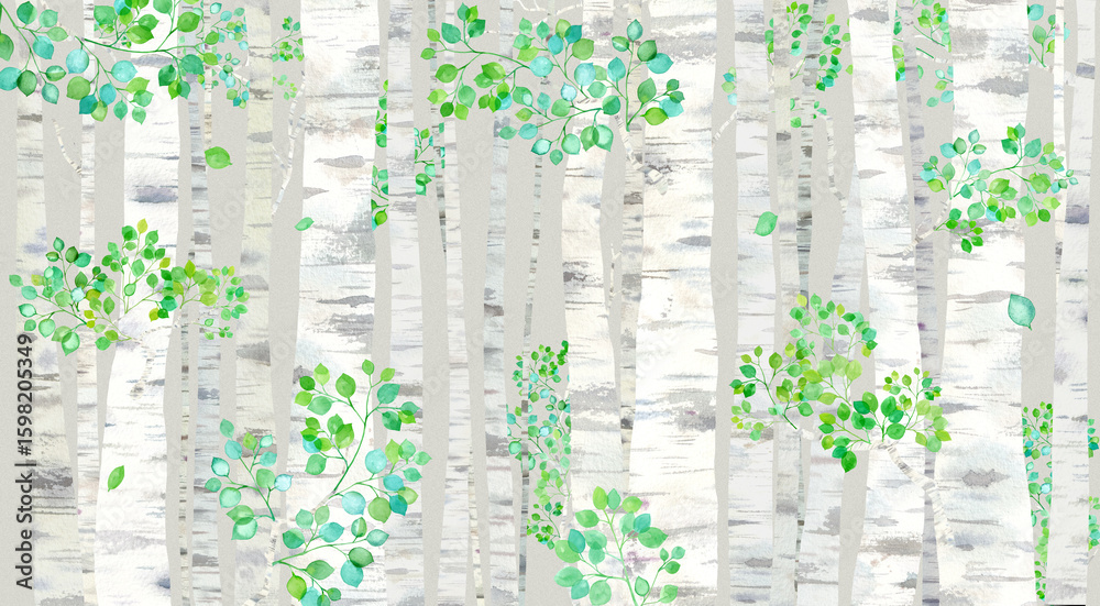 Fototapeta premium 夏の高原の森イメージ背景。新緑の白樺の森の水彩イラスト。