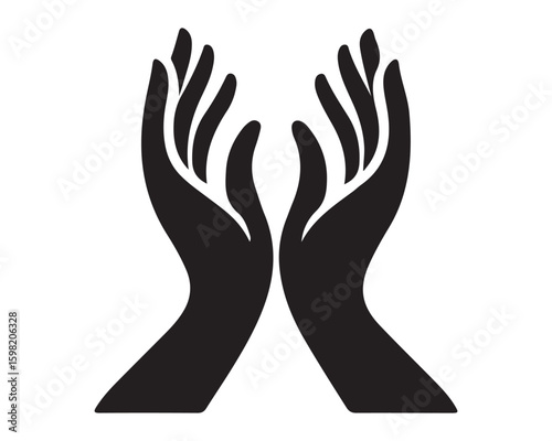 Two black hands reaching upwards with fingers spread on a white background in a simple graphic design