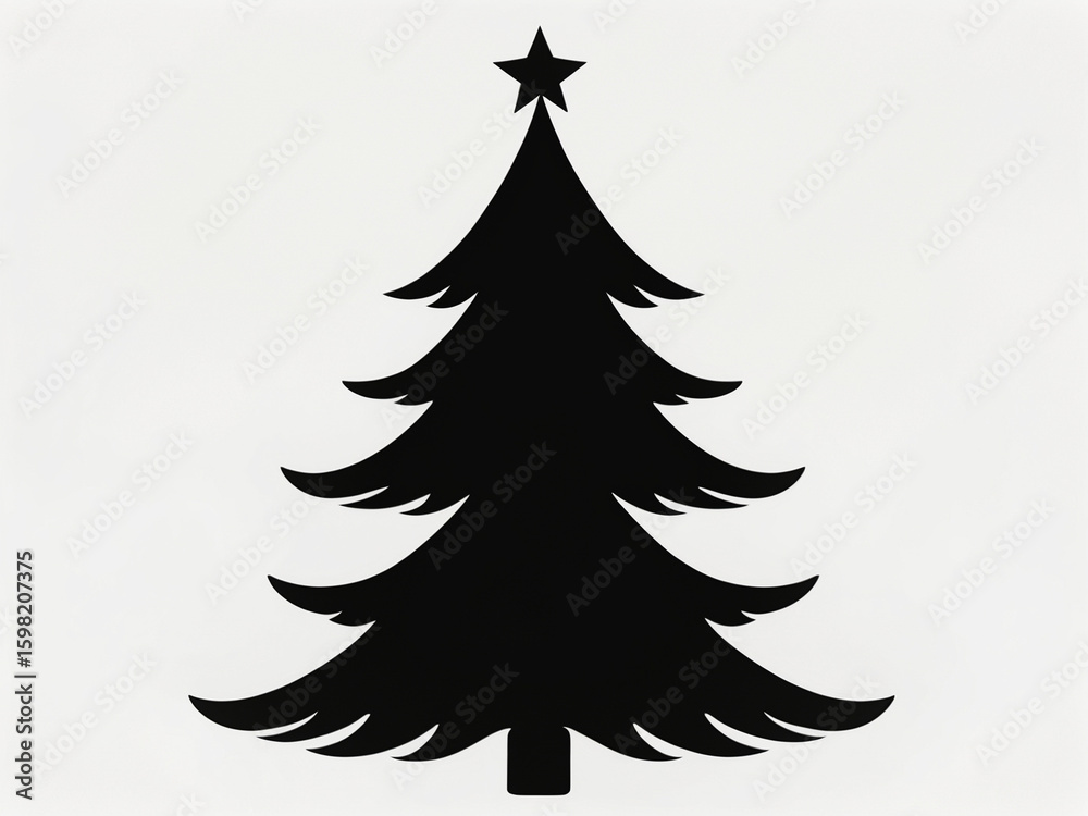 Obraz premium Black silhouette of a Christmas tree with a star. Simple minimalist winter holiday icon isolated on a white background.